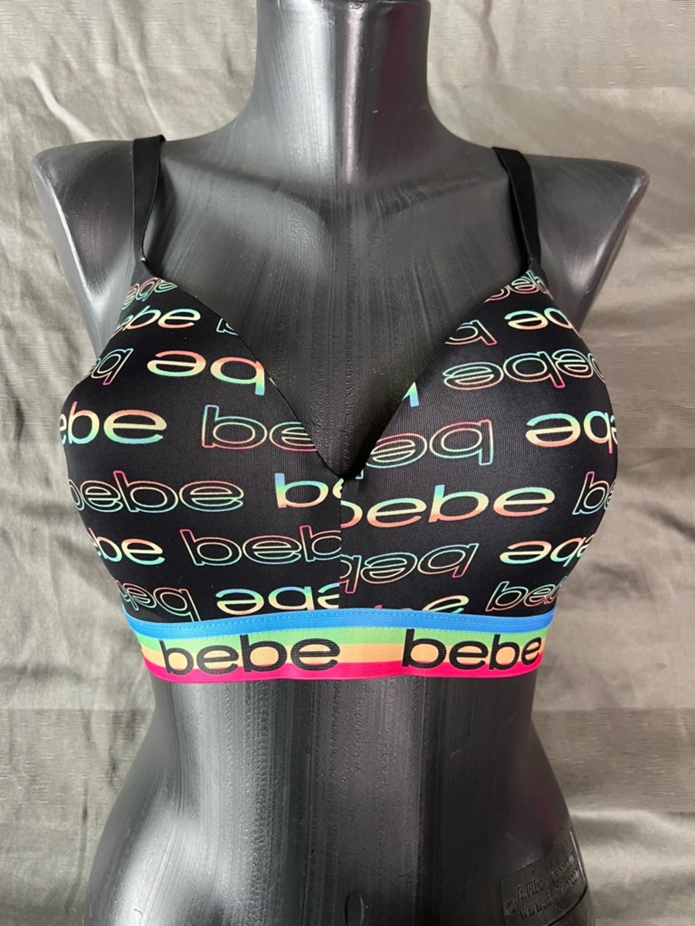 bebe Black Logo Bralette with Rainbow Elastic Band